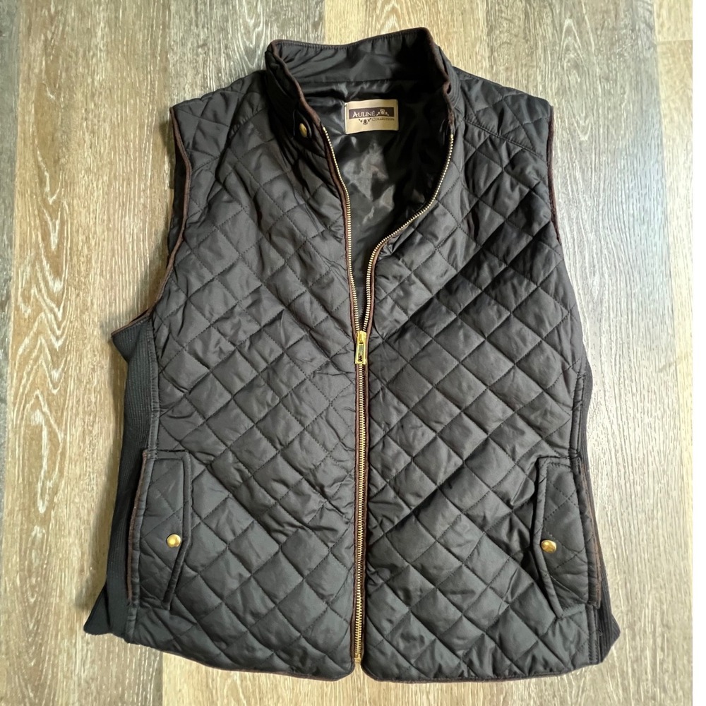 Auline Collection Quilted Vest Womens 1XL Black Gold Zip Ribbed Sides JV8095